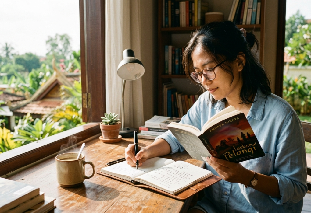 Ilustrasi self improvement melalui membaca buku dan mengembangkan diri setiap hari.