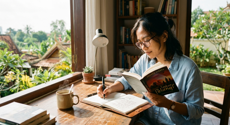Ilustrasi self improvement melalui membaca buku dan mengembangkan diri setiap hari.